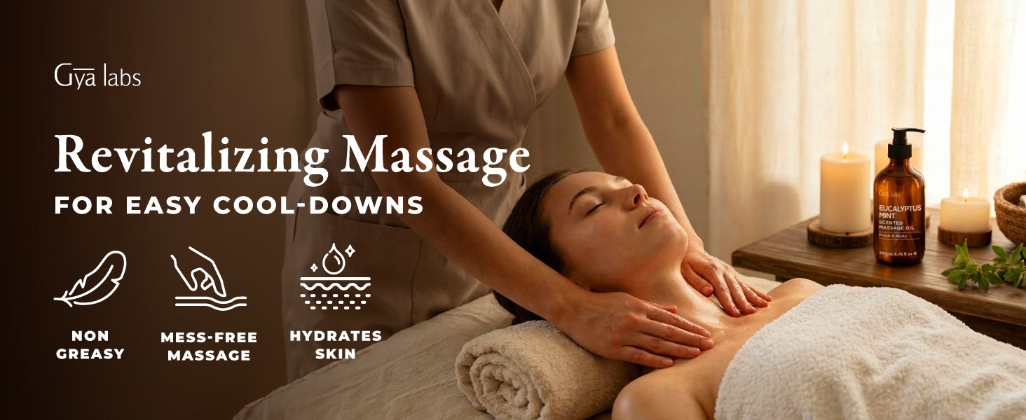 A massage scene with a woman enjoying a spa-like shoulder massage using gya labs massage oil