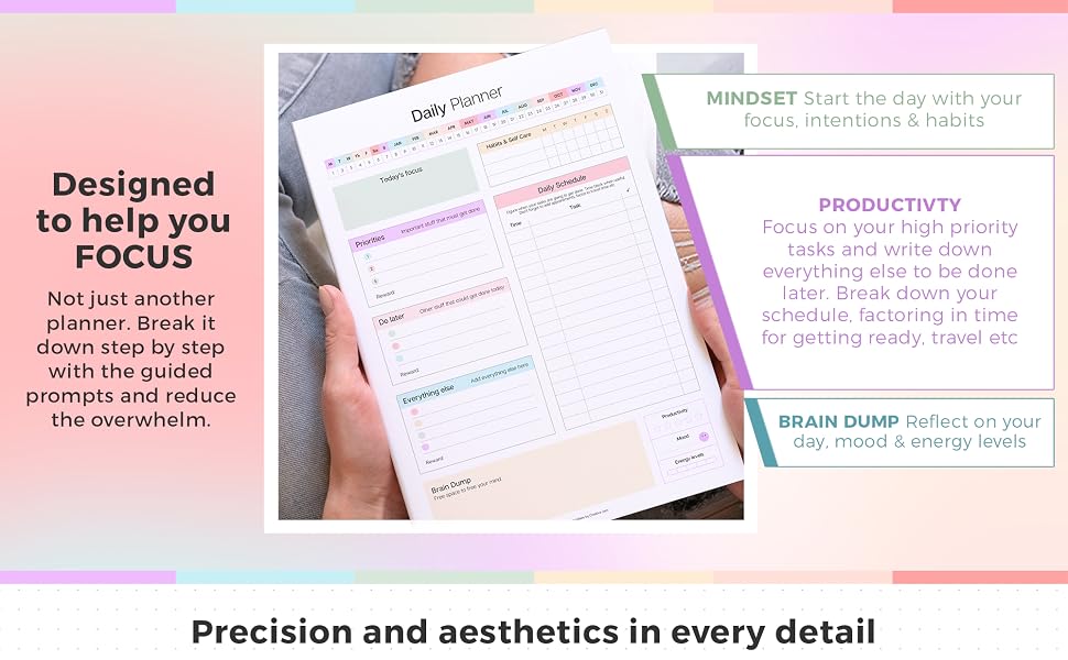 Daily planner pages showing productivity and mindset sections with pink and blue color scheme, designed with step-by-step organization features.