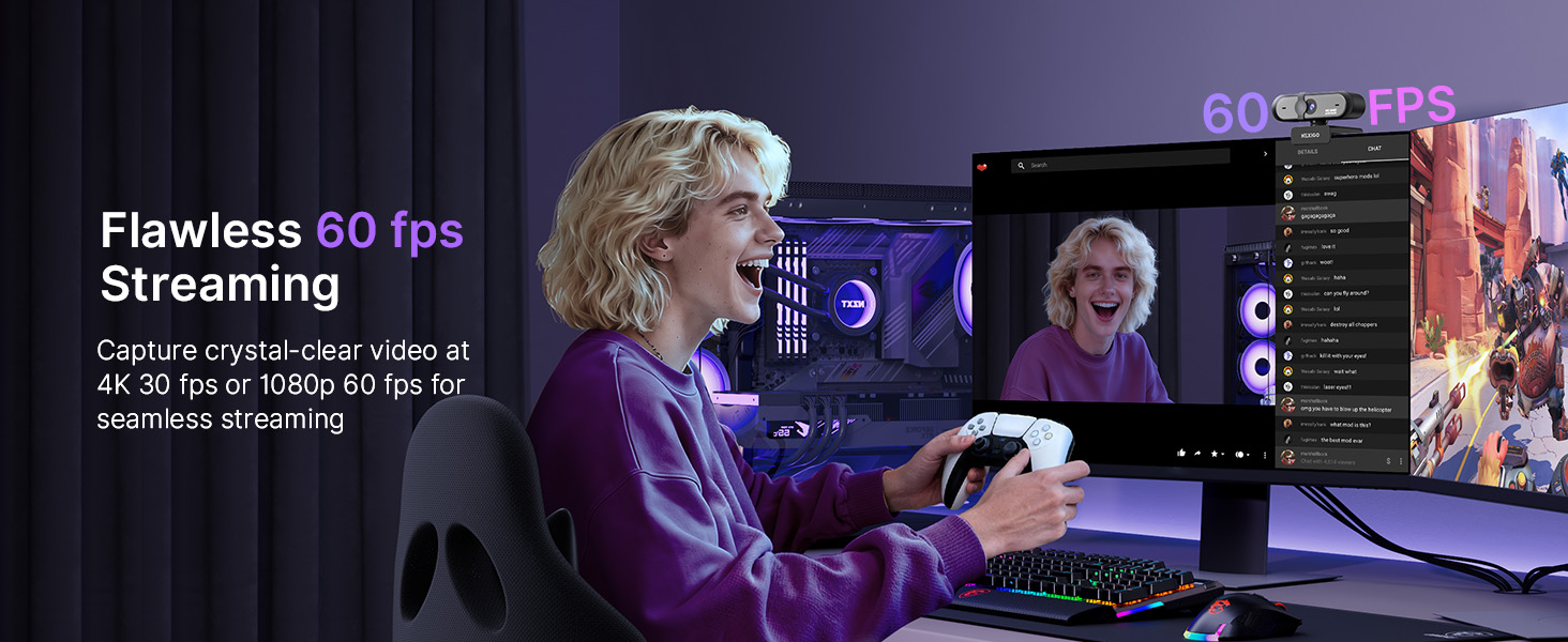 A gaming streamer uses this 60FPS webcam for smooth, stable streaming.