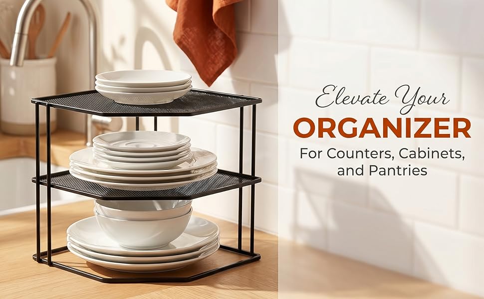 Yarlung 3-Tier Cabinet Corner Shelf, 9x9x7.5 Inches Metal Wire Plate Rack Kitchen Counter Organizer