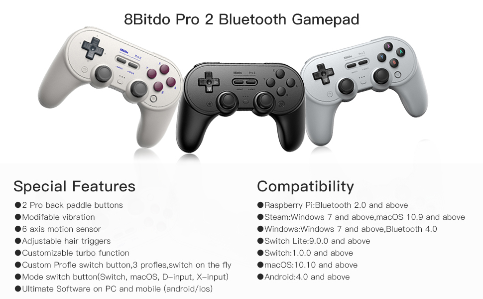  8Bitdo Pro 2 Bluetooth Controller for Switch, PC, macOS, Android, Steam &amp; Raspberry Pi
