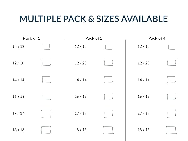 12x12 12x20 14x14 16x16 18x18 20x20 17x17 16x24 22x22 24x24 26x26 pack of 1 pack of 2 pack of 4 soft
