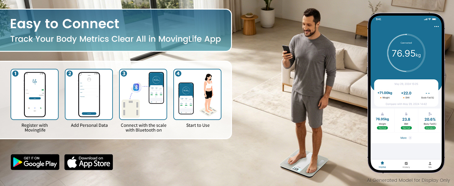 Easy to connect: Gain your complete body metrics via MovingLife app on Google Play and App Store