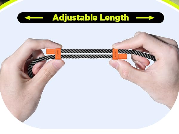 Hands demonstrating adjustable length feature of a braided cable with orange clips. Text overlay reads 'Adjustable Length' with arrows indicating expandability.