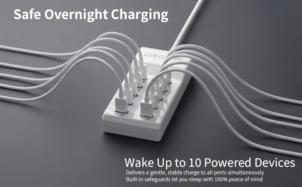 Charge up to 10 devices at once 10 port USB charging station V-0 fireproof PC safe overnight hub