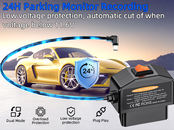 Dash Cam Hardwire Kit USB C, OBD2 to Type-C Adapter Hardwire Kit with 24/7 Parking Mode