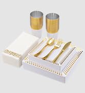 Vplus 175PCS White Square Plastic Plates with Gold Dots, Disposable Dinnerware Set Include 25 Din...