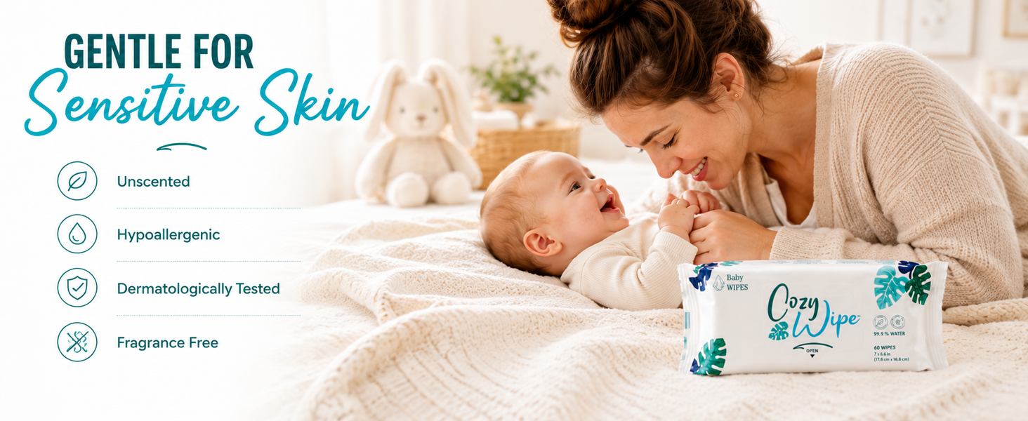 Cozy Wipe baby wipes for sensitive-skin routines, unscented and dermatologically tested.