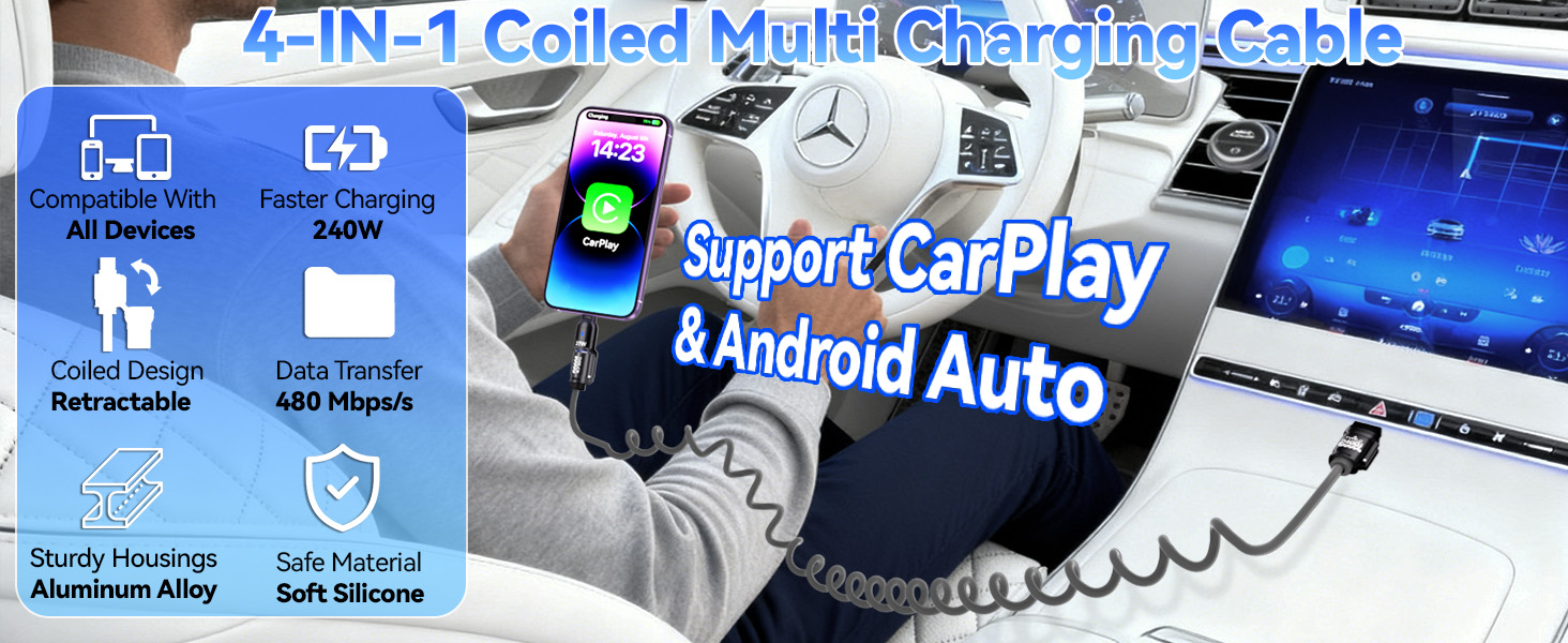 Text reads '4-IN-1 Coiled Multi-Charging Cable' and 'Support CarPlay' and 'Android Auto'. Multiple views of a charging cable with various connectors.