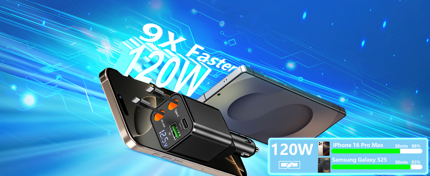 Retractable Car Charger USB C 120W USB C Car Charger 4-IN-1 PD/QC Power Cigarette Lighter Adapter