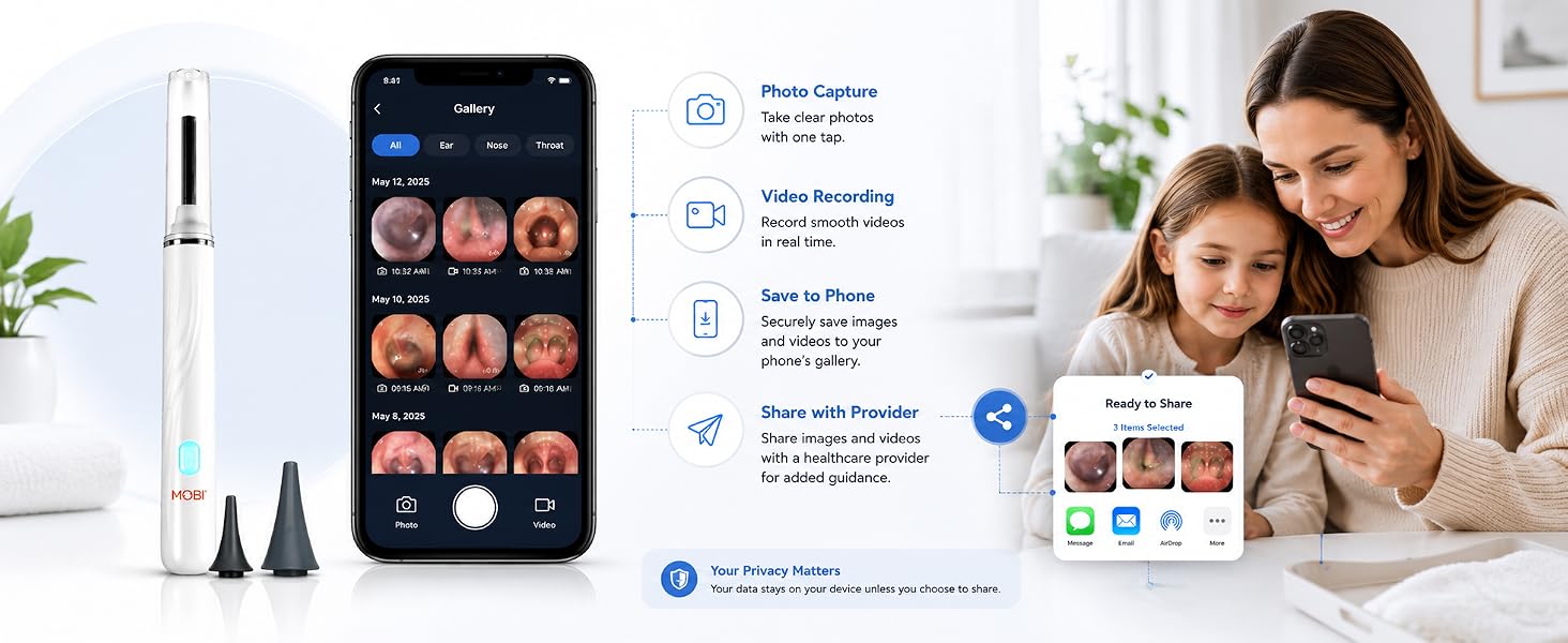 MOBI Smart Ear Camera with smartphone app aparent reviewing ear nose and throat images with a child