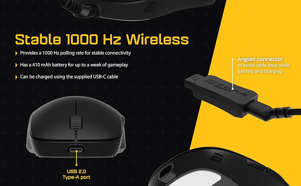 A black wireless gaming mouse. Text reads: 410 mAh battery and USB-C 2.0 charging cable.