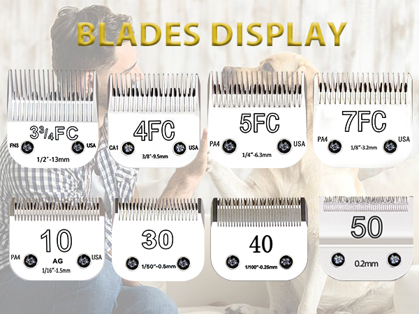 Display of professional hair clipper blades showing different sizes ranging from 4FC to 7FC and 10 to 50, arranged in two rows against a light background.