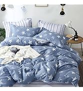 LEMIROE Blue Cotton Comforter Queen Size 3Pcs - White Doodle Style Stars on Denim Blue Front, Gra...