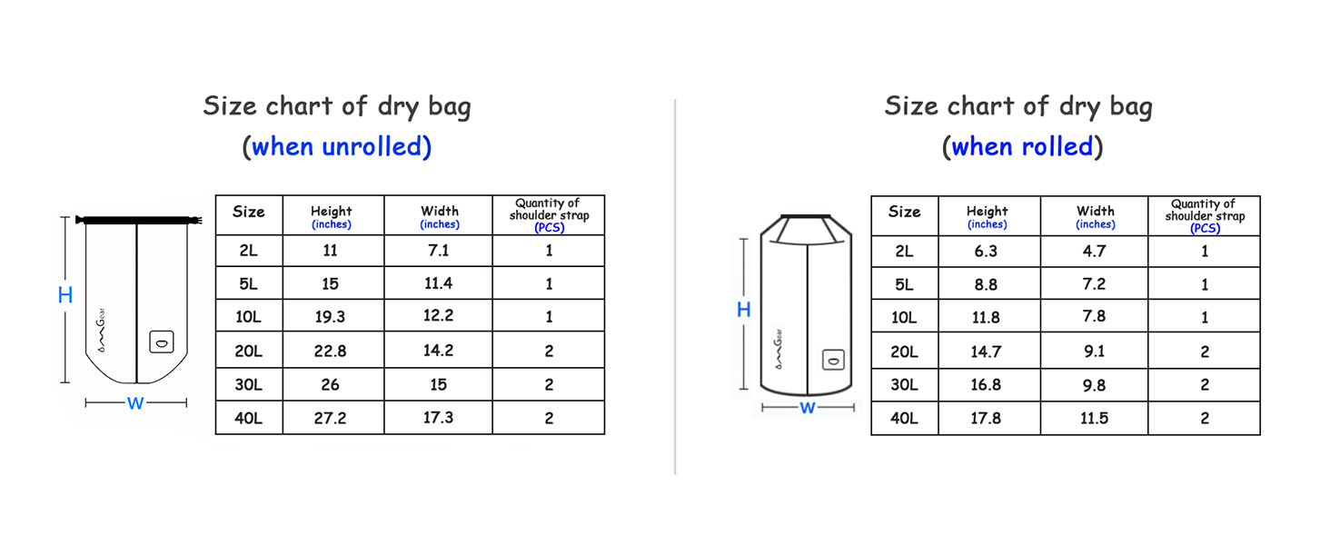 Size Chart of OMGear Dry Sack