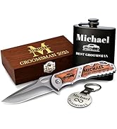Grand Way Personalized Gift Set - Groomsman Folding Knife, Engraved Hip Flask, Custom Tag, Wooden...