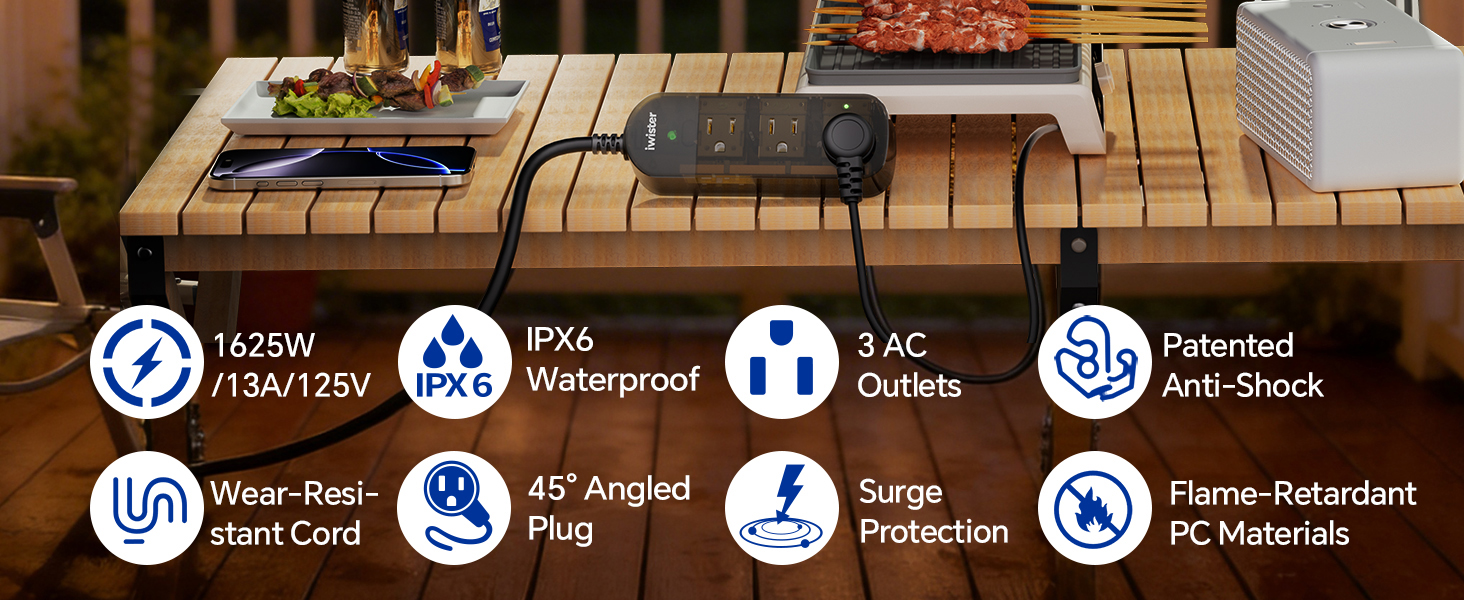 Outdoor Power Strip, 5 Ft, 1625W/13A IPX6 Waterproof, for Courtyard, Garage, Workshop, Camping, RV