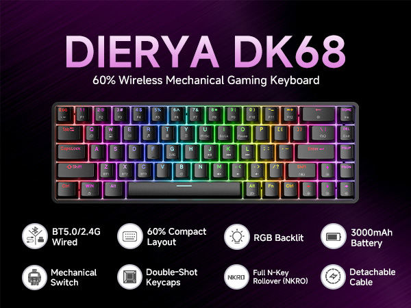 Text reads 'DIERYA DK68'. RGB gaming keyboard with compact 65% layout featuring rainbow LED backlighting. Icons show various features including RGB lighting and mechanical switches.