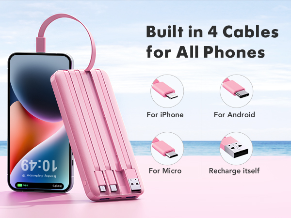Pink multi-cable charger with built-in 4 cables for various phone types. Compatible with iPhone, Android, and Micro USB. Features self-recharging capability.