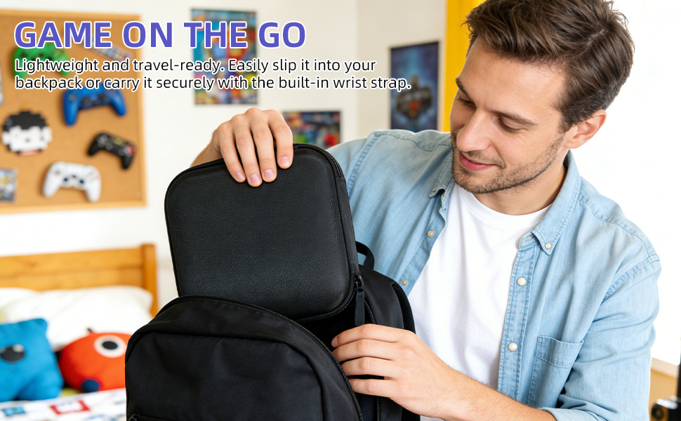 Lightweight travel carrying case with a secure wrist strap. Fits easily into your backpack.