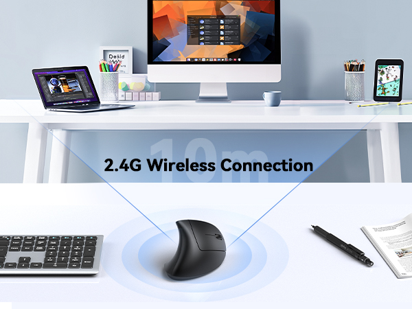 Modern desk setup with computer, laptop, and tablet, featuring 2.4G wireless mouse connection diagram on clean white workspace.