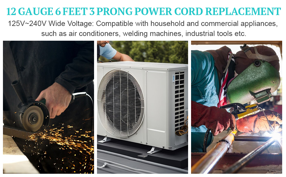 3 prong 6ft power cord pigtail,heavy duty 12 gauge