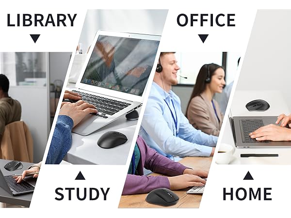The mouse can be used in multiple scenarios: office, home, library, and coffee shop