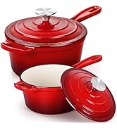 E-far Sauce Pan Set with Lid, 1Qt &amp; 2Qt Enameled Cast Iron Pot Sets for Kitchen Cooking, Small He...
