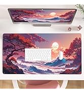 AQQA Japanese Anime Desk Mat ?Waterside Full Moon Mouse Pad 31.5 x 15.7 inches XXL Black Red Gami...