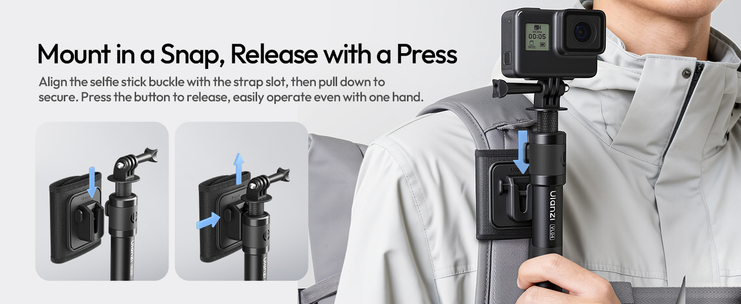 Text reads "Mount in a Snap, Release with a Press". Installation sequence showing mounting process for a wall-mounted device or bracket.