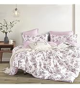 LEMIROE Pink Floral Cotton Comforter Queen Size 3PC - Vintage Romantic Botanical on Soft White wi...