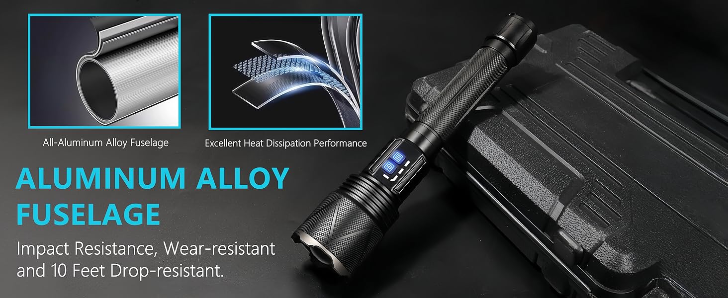 Aluminum Alloy Flashlight Impact Resistance, Wear Resistant and 10 Feet Drop Resistant.