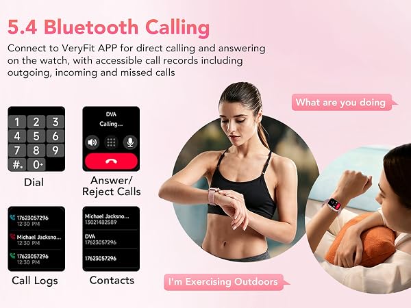 Text reads '5.4 Bluetooth Calling' and 'Connect to VeryFit APP for direct calling and answering on the watch, with extended call time including outgoing, incoming and missed calls'. Smartwatch displaying calling features with Dial, Reject Calls, Call Logs, and Contacts interface options shown.