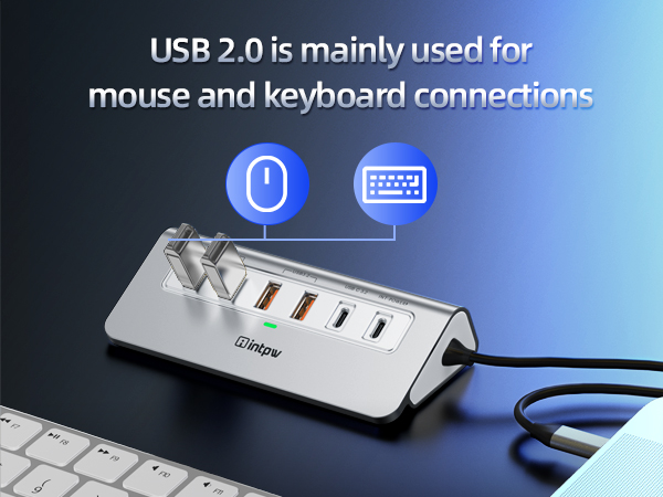 USB hub with multiple ports showcasing USB 2.0 connections for mouse and keyboard. Device features silver design with blue-lit ports and connected cable.