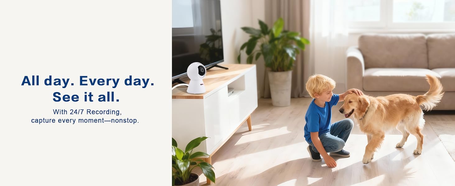 wireless camera indoor with 24/7 recording, plug in wired power