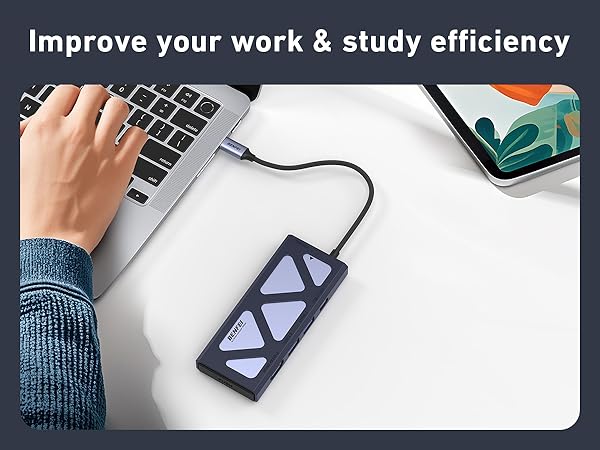 Text reads: 'Improve your work &amp; study efficiency'. Images showing hands using electronic devices with blue lighting effect on desk surface.