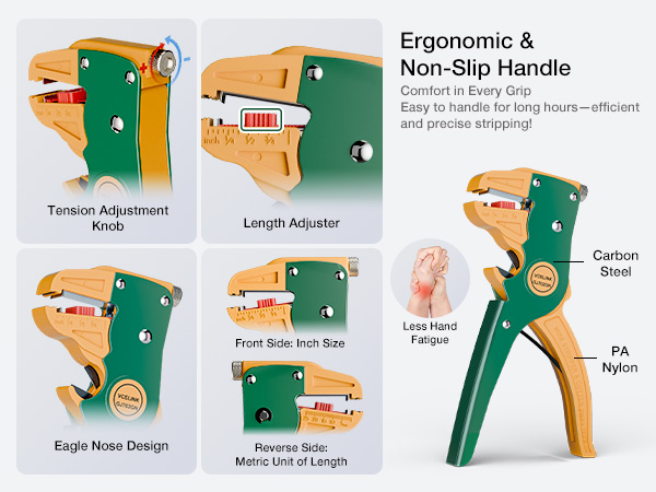 The handle is non-slip, comfortable to the touch, and ergonomically designed