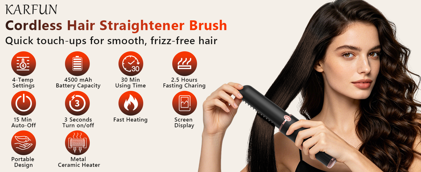 Cordless Hair Straightener Brush, Portable 4500mAh Rechargeable Straightening Comb, MCH Fast Heat