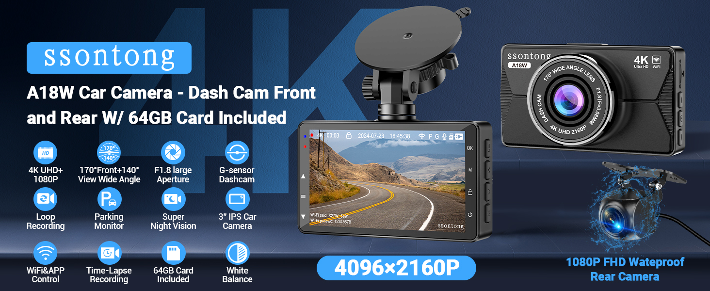 Ssontong A18W Car Camera dashboard system with front and rear cameras, 4K resolution, 3" IPS screen, and various features listed including GPS and parking monitor.