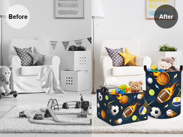 Before and After comparison showing messy kids' toys on floor transformed into organized storage using colorful patterned storage bins.