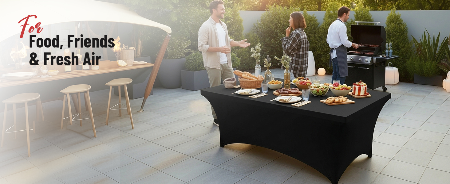 Text reads 'Food, Friends &amp; Fresh Air'. Outdoor dining setup with wooden tables, place settings, and ambient lighting in evening garden setting.