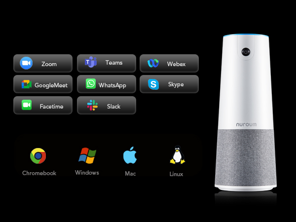 Tall white and gray smart speaker device shown alongside various video conferencing app icons and operating system logos including Zoom, Teams, and Skype.