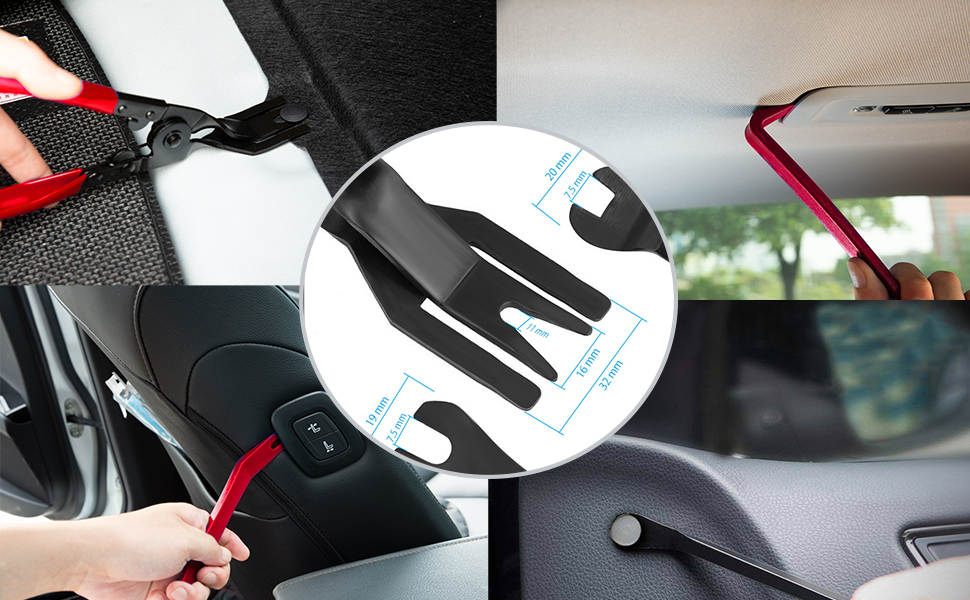 Car seat hook accessory with zoom detail showing installation method. Black plastic hook with red accent attaches to headrest posts.