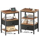 SUPERJARE Nightstand Set of 2, Bed Side Tables with Charging Station, Adjustable Fabric Drawer, N...