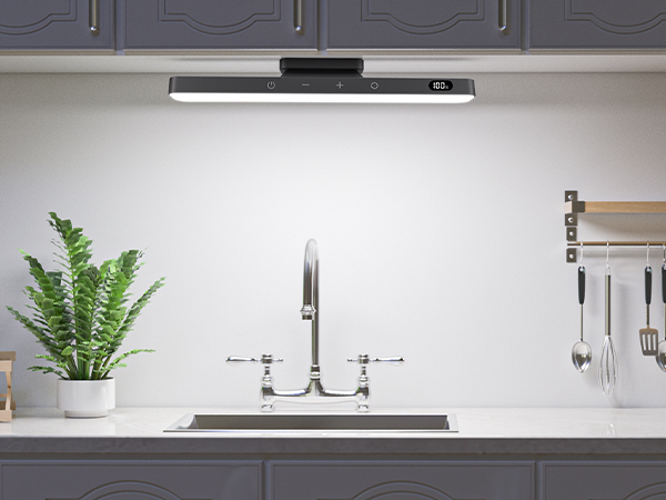 Modern kitchen sink with sleek faucet, set in white countertop against dark cabinetry. Plant and utensil rack visible, demonstrating functional kitchen design.