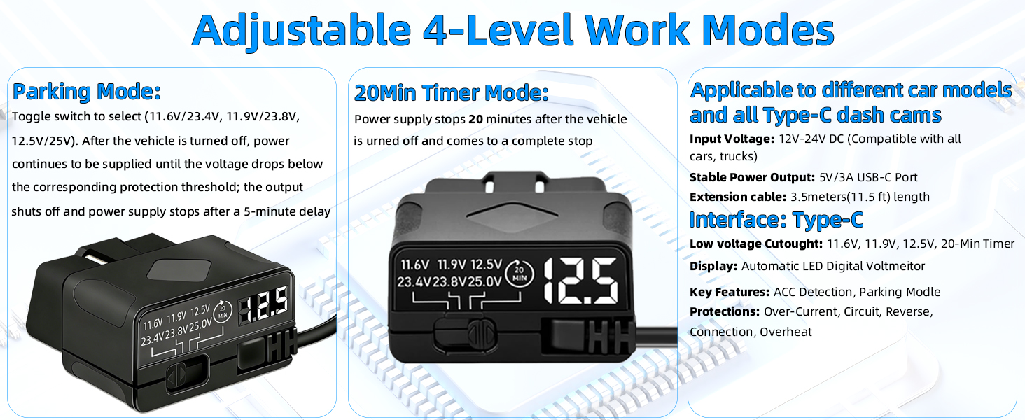OBD2 to USB C Power Cable for Dash Cam, Plug and Play Dashcam Hardwire Kit with LED Voltmeter