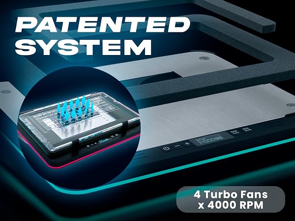 Text reads 'PATENTED SYSTEM' and '4 TURBO FANS x 4000 RPM'. Technical product shots showing blue-lit cooling system integrated into sleek black device.