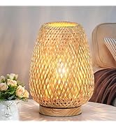 Rattan Table Lamp, Stepless Dimmable Small Beside Lamp, Vintage Wicker Wooden Nightstand Boho Bam...