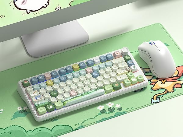 Soft gradients, tiny animal icons and scenic accents bring a warm, whimsical vibe to any keyboard