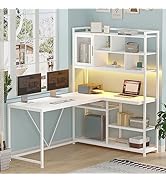 SEDETA L Shape Computer Desk, 58'' Office Desk with LED Light and Bookshelf, L Shaped Corner Desk...